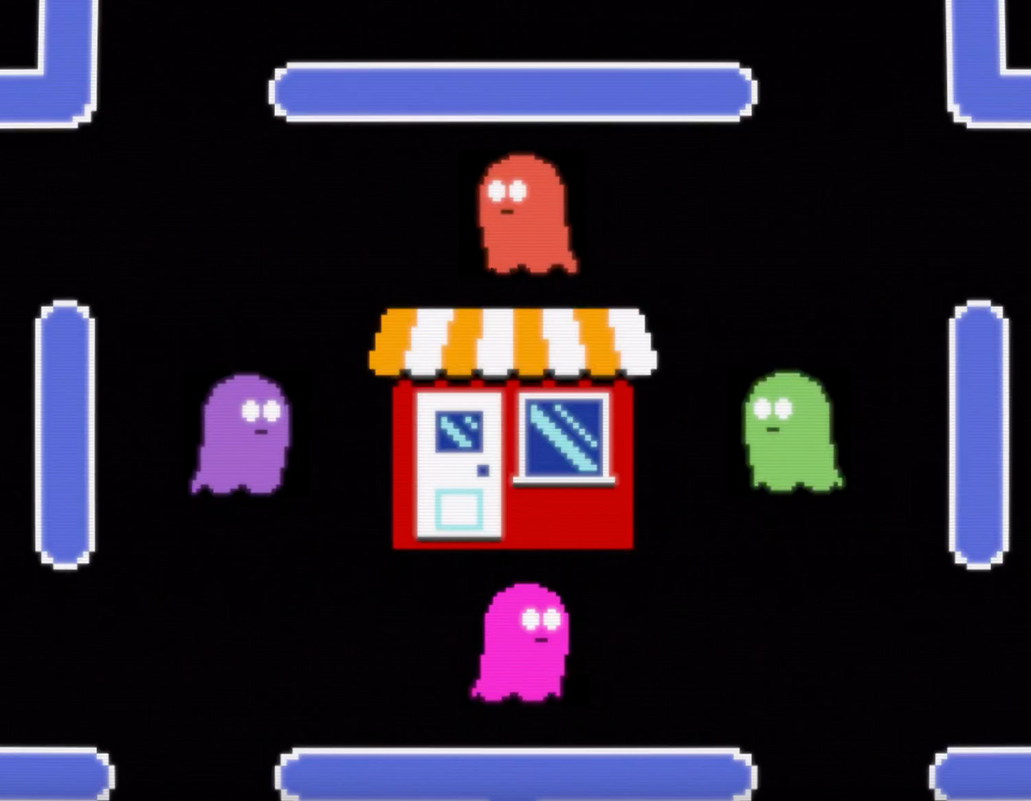 pac man style video game with pixelated shop in the middle